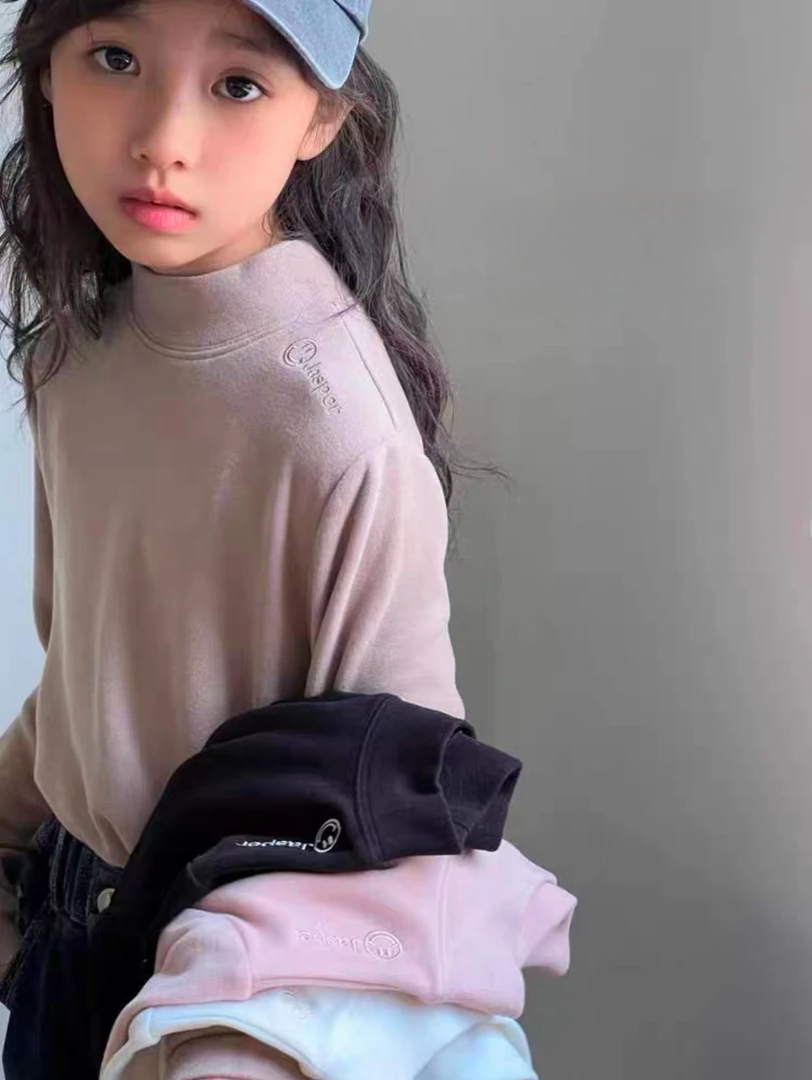 24冬季韩版潮牌女童高品奥绒双面发热中大童保暖半高领打底衫上衣