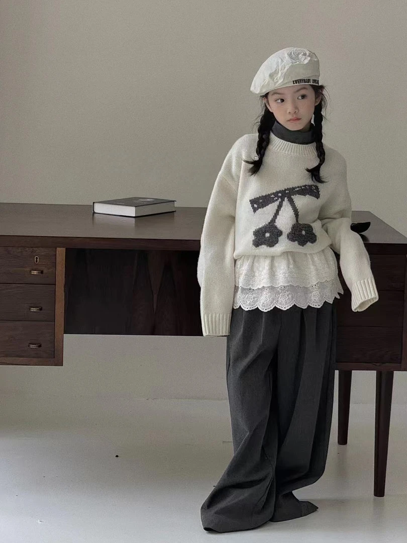 冬圆领口贴肤女中大童毛衣绵羊绒混纺圆领抗起球加厚圆领毛衣9325