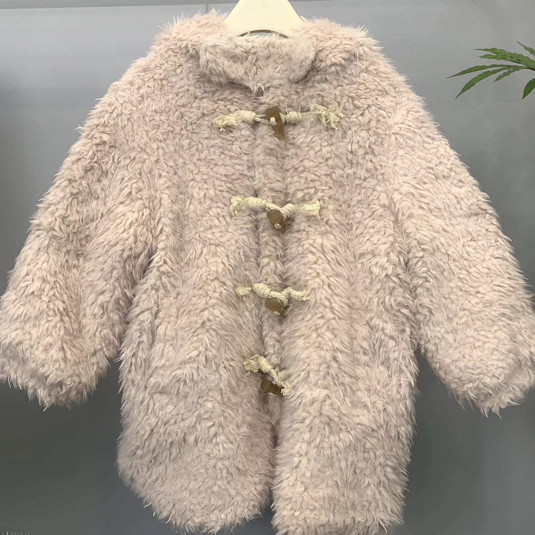 2024冬季女童中大童羊羔一体毛柔软长款加厚外套保暖圆领连帽7053