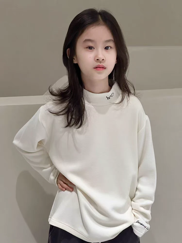 冬季新款韩国童装笑脸9053中童针织衫休闲冬款半高领纯色德绒打底