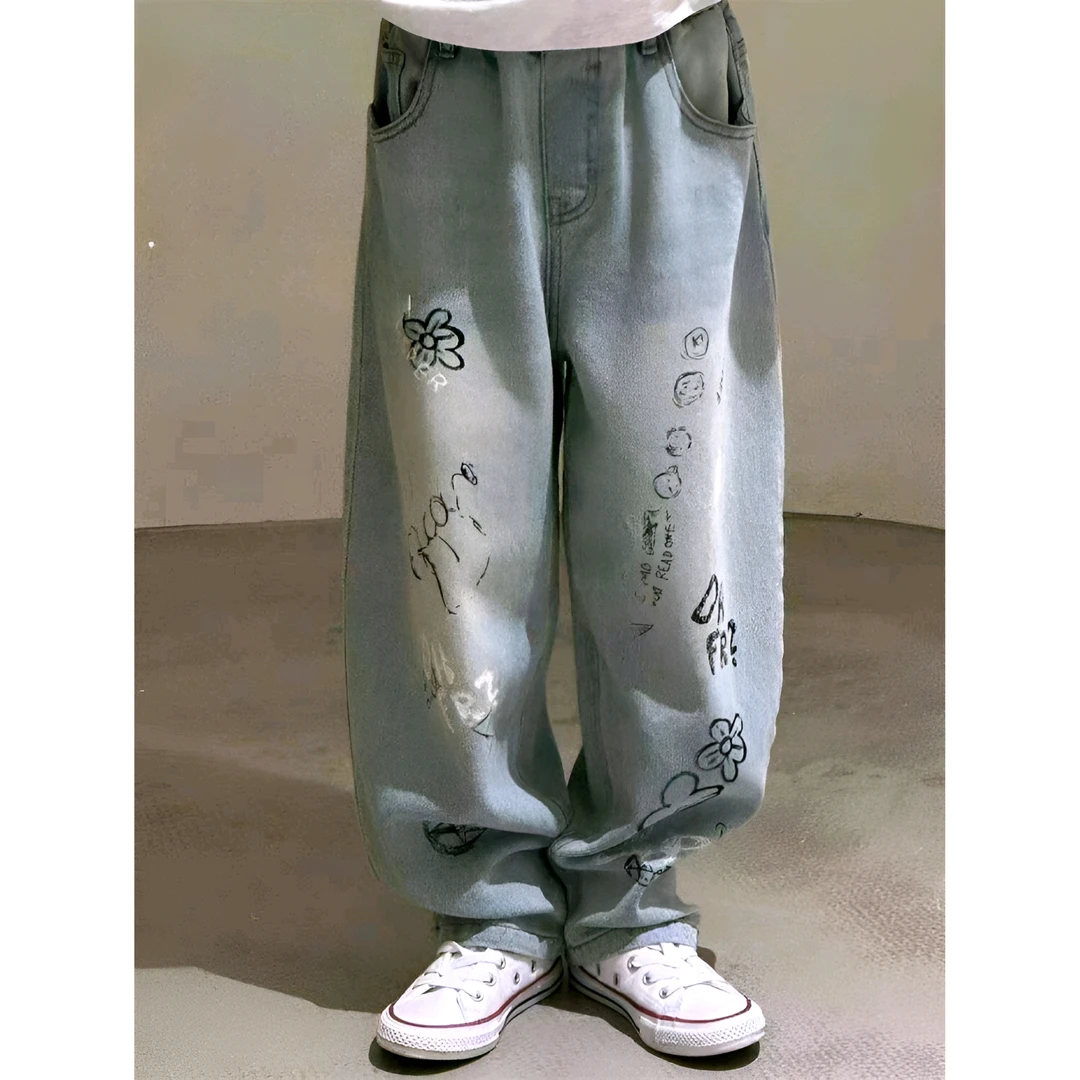 春秋新款韩版宽松牛仔裤 儿童中性时尚水牛仔印花休闲百搭3380