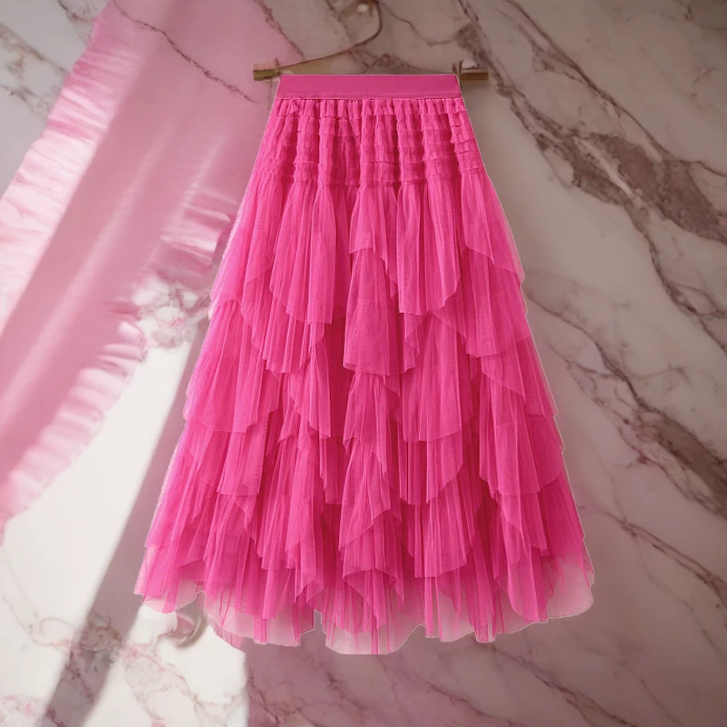 不规则网纱半身裙女春秋中长款法式高腰a字纱裙蛋糕蓬蓬裙网纱裙
