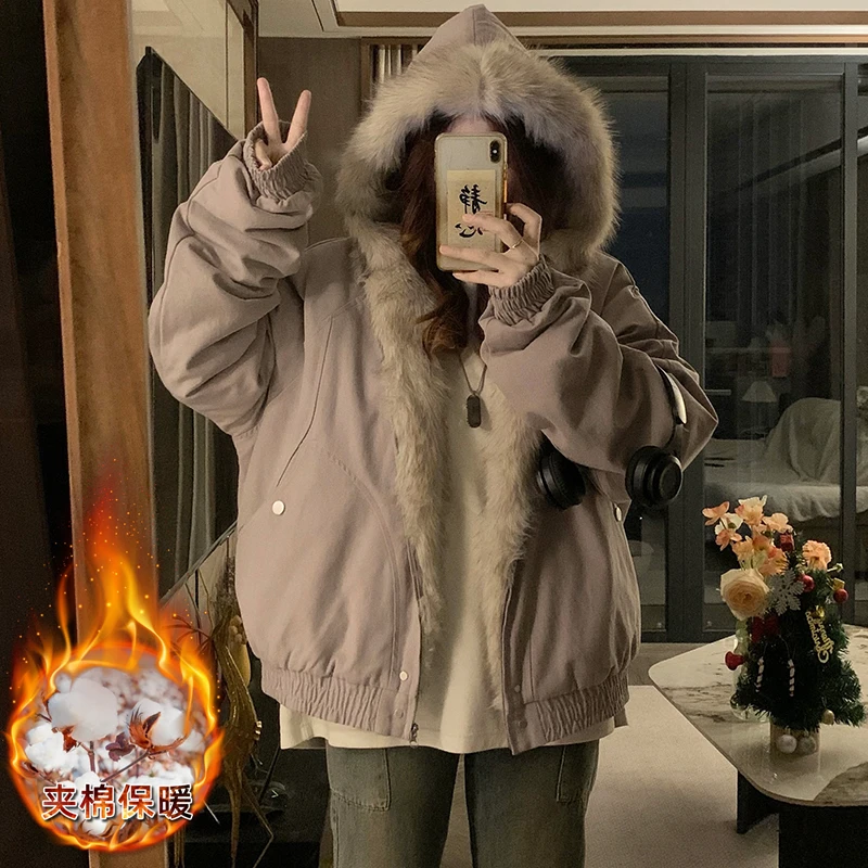 美式复古短款连帽毛领棉服女冬季棉衣2024设计感夹棉外套加厚棉袄