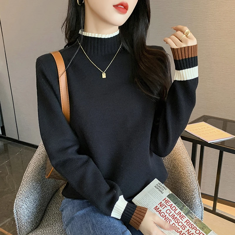 撞色套头针织衫女士韩版2023秋冬新款半高领洋气毛衣外穿长袖上衣