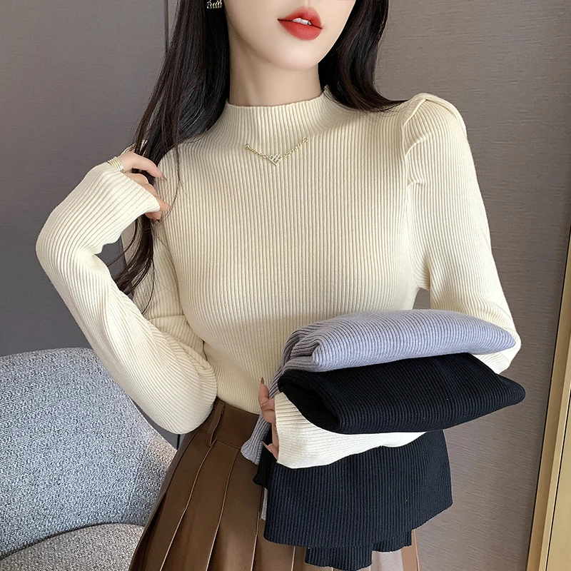 五金女孩内搭长袖显瘦洋气上衣秋冬半高领纯色毛衣针织打底衫女