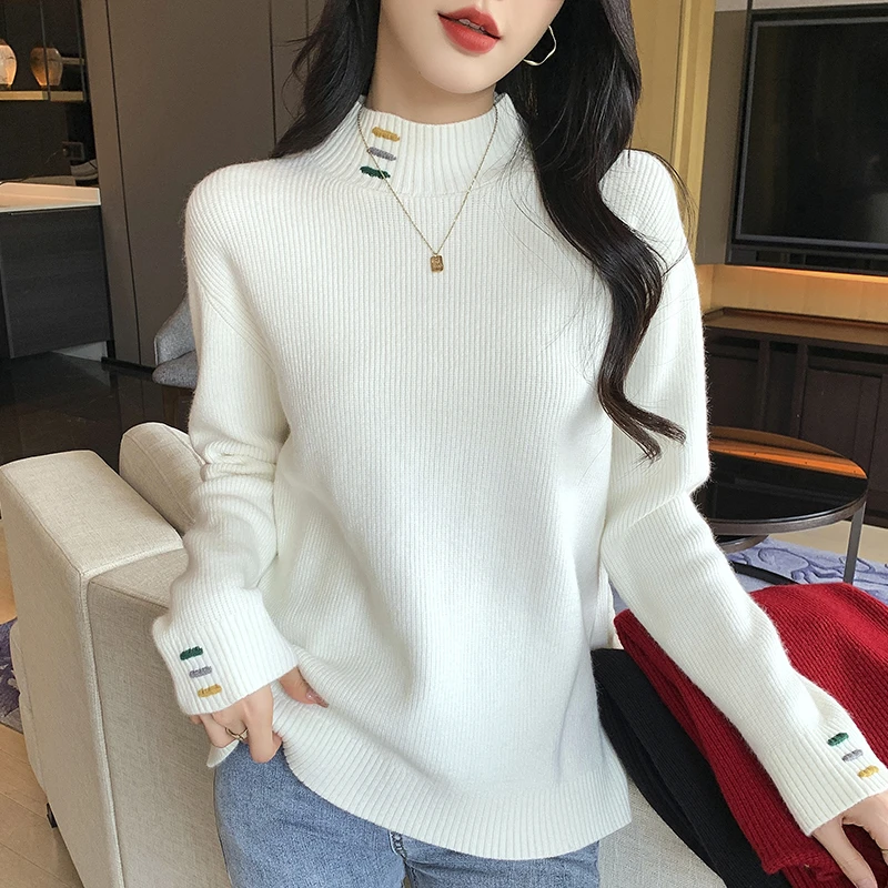 半高领软糯针织衫2023秋冬新款拼色刺绣洋气女士内搭毛衣外穿上衣