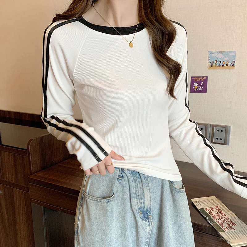 拼色条纹高级感打底衫女装2024秋冬季新款显瘦百搭长袖T恤上衣女