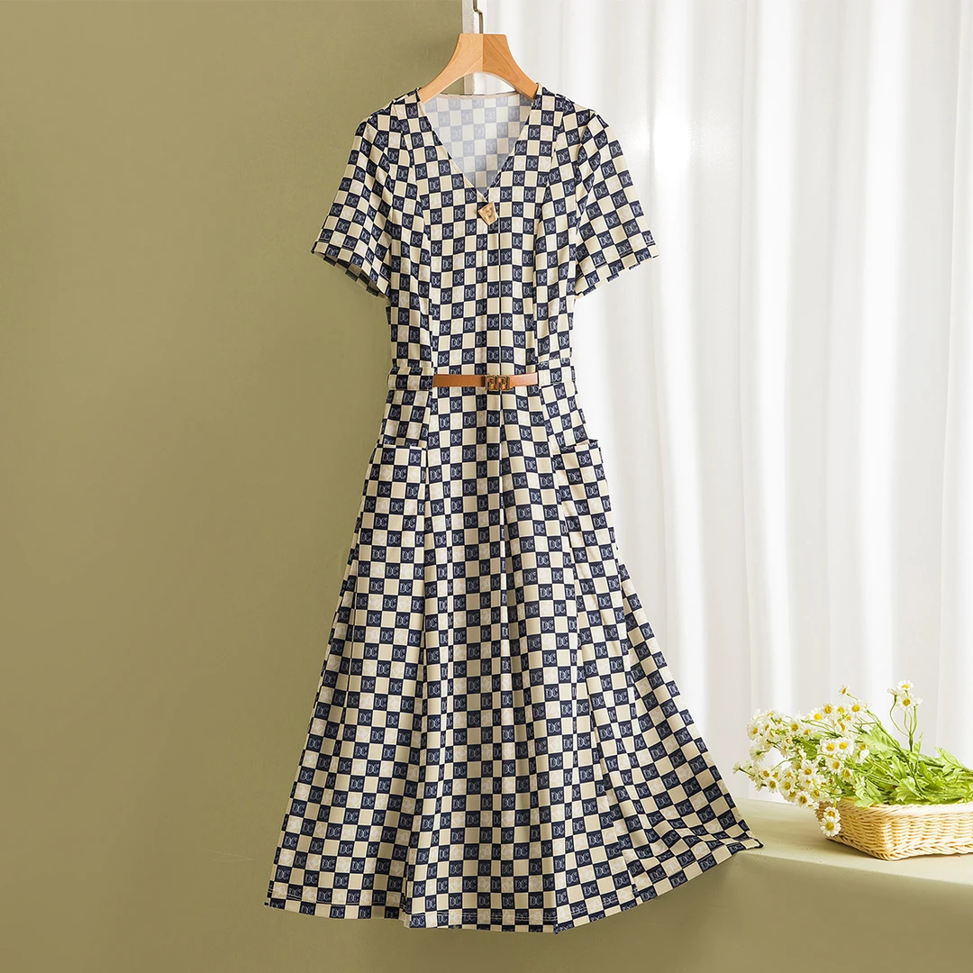 ECACA女装连衣裙收腰法式印花修身气质复古辣妈连衣裙EY0UF506-DR