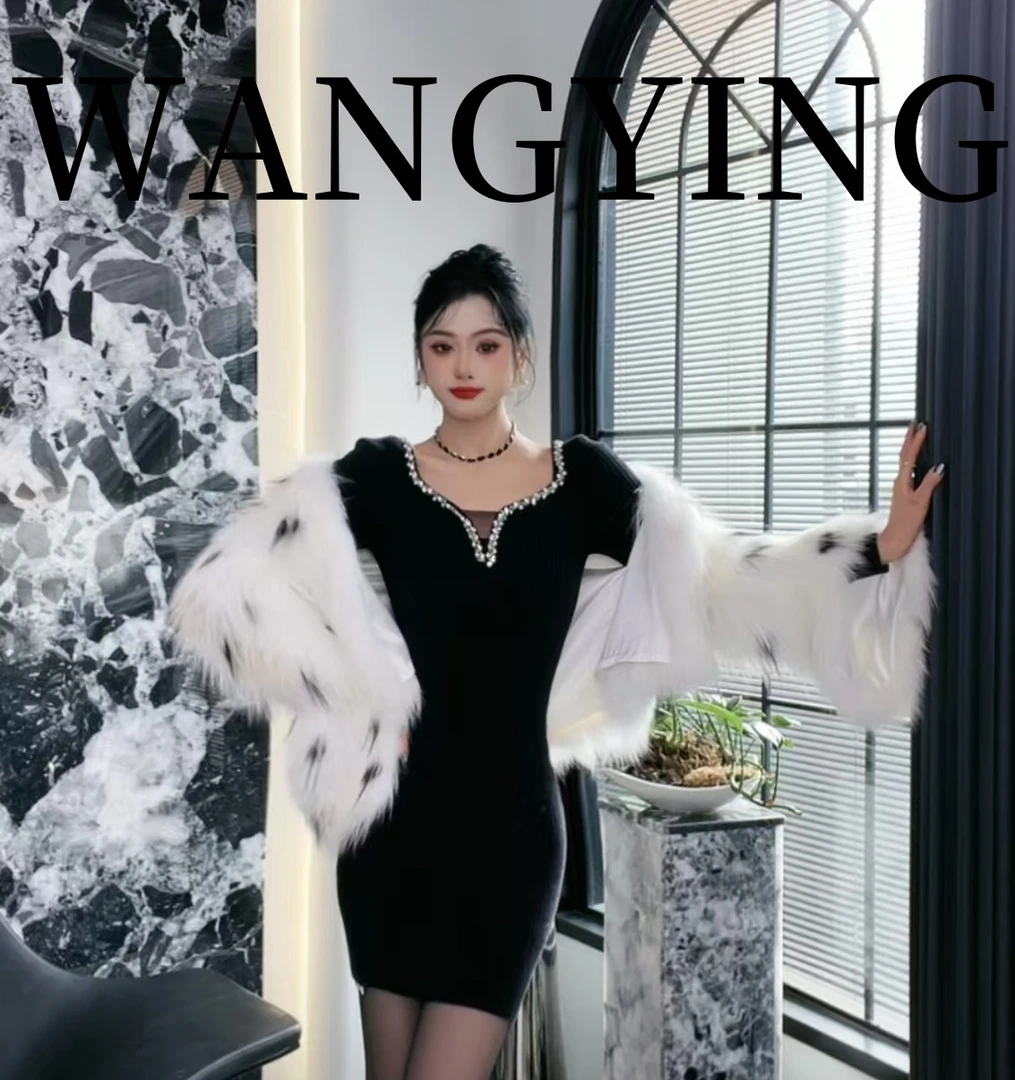 莹莹红人馆【WANGYING】时尚气质设计师款深V领连衣裙 71062447 548