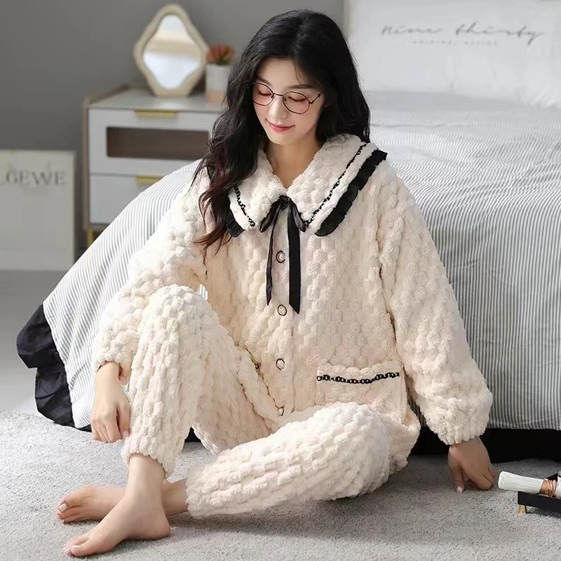 【小香贵妃绒】秋冬季加厚款女套装家居服加绒可爱法兰绒开衫大码