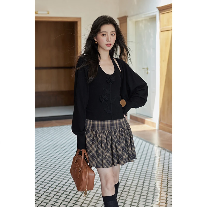 Seemon秋季韩系薄款罩衫长袖黑色开衫上衣外套背心两件套女M10264