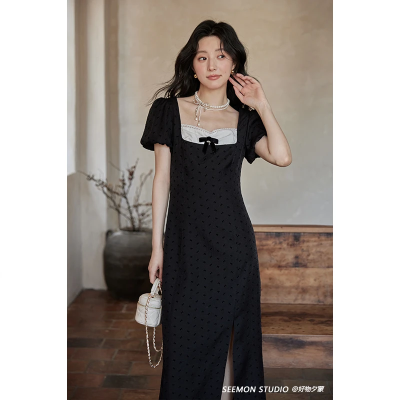 Seemon夏季法式气质设计感小众黑色蝴蝶结短袖开叉连衣裙女Q17236