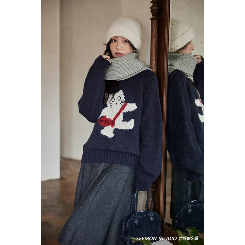 Seemon秋冬时尚气质上衣宽松慵懒风洋气高级别致氛围感毛衣M10409