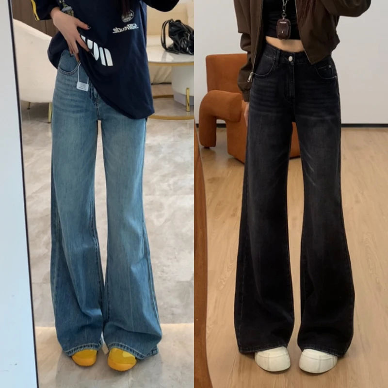 美式复古做旧黑灰洗水牛仔裤女显瘦高腰阔腿不贴腿微喇叭裤子春夏