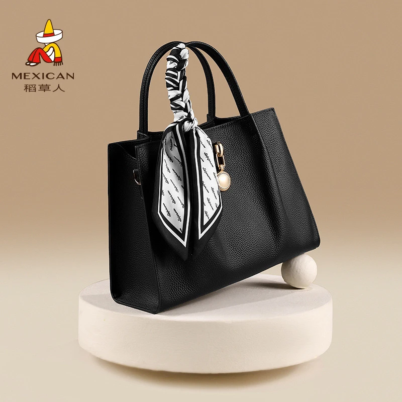 稻草人包包女包2025新款简约手提包牛皮丝巾妈妈包女士百搭斜挎包