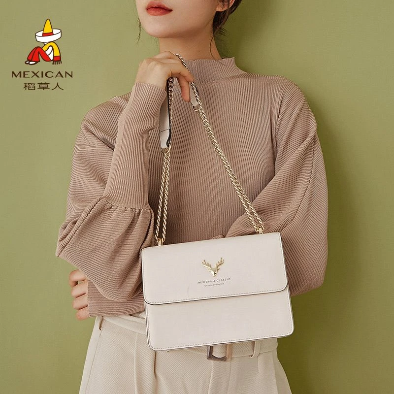 稻草人女包2025新款牛皮潮时尚女爆款单肩斜挎包女百搭链条小方包