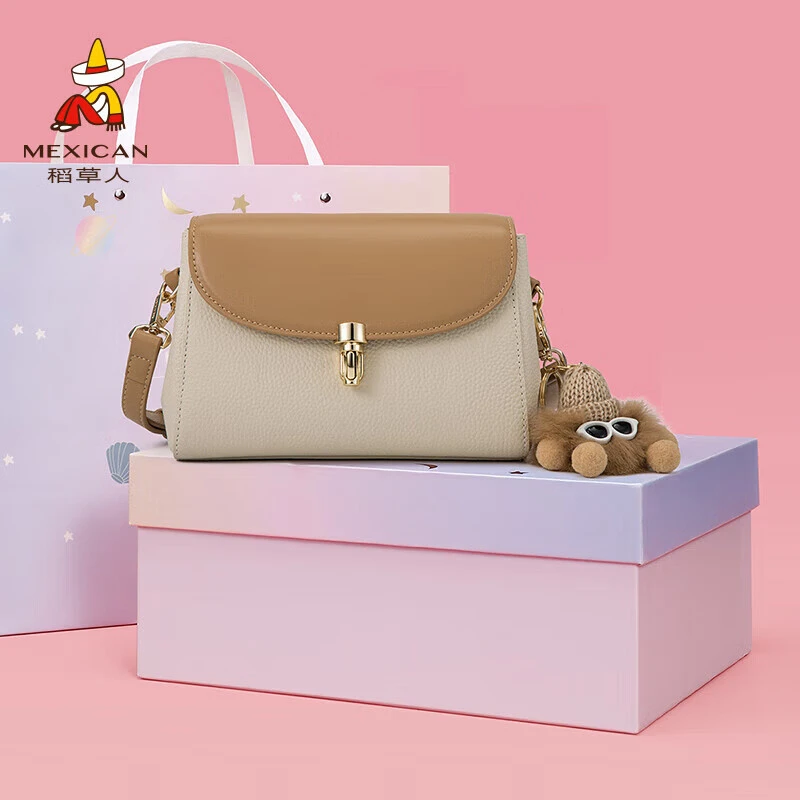 稻草人包包女包真皮牛皮单肩包撞色百搭斜挎包小方包生日礼物老婆