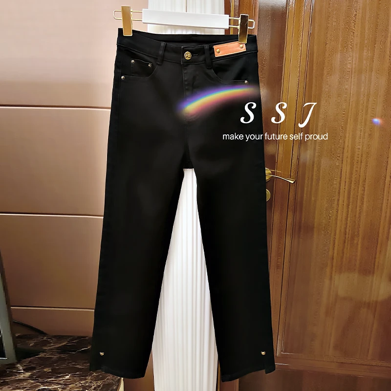 小机灵898【小熊设计款】2023年新款黑色修身直筒舒适弹力牛仔裤