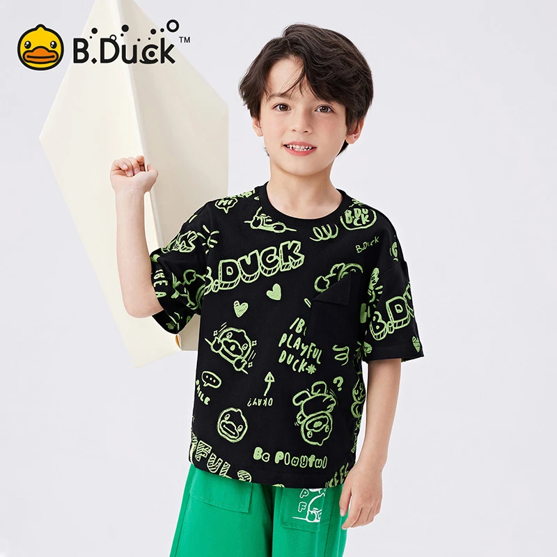 B.Duck小黄鸭童装儿童短袖T恤男童夏季男孩纯棉满印上衣BF2501011
