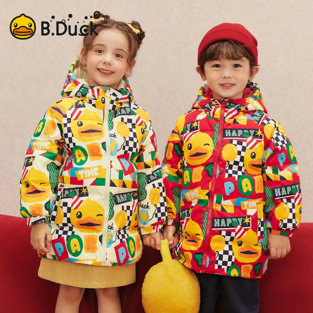B.Duck小黄鸭童装女童中长款羽绒服冬季款防风连帽外套BF5516060