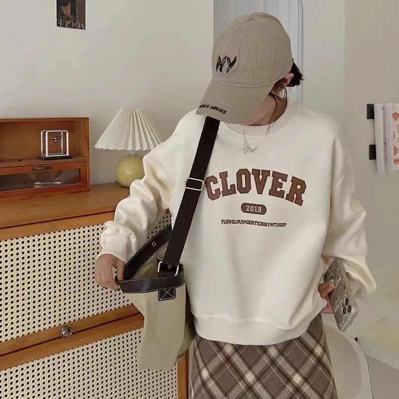 2024新款早秋卫衣女拼接撞色小个子正肩长袖圆领套头上衣宽松秋装