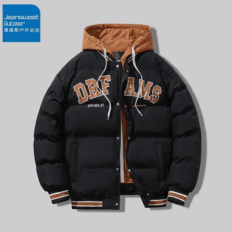 真维斯秋冬季连帽棉衣大码男棉服加厚加绒百搭情侣假两件保暖外套