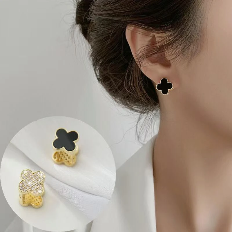 铜合金锆石耳饰 高级感精致四叶草耳扣经典轻奢时尚耳环两戴双面