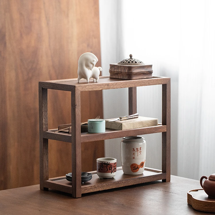 胡桃木三层置物架桌面多宝阁茶杯架子茶具收纳架小型茶架