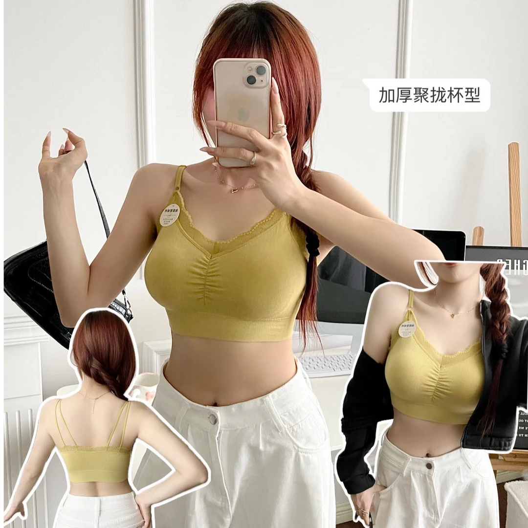 小胸显大蕾丝边加厚聚拢美背固定一体杯裹胸细肩带内搭女背心3080