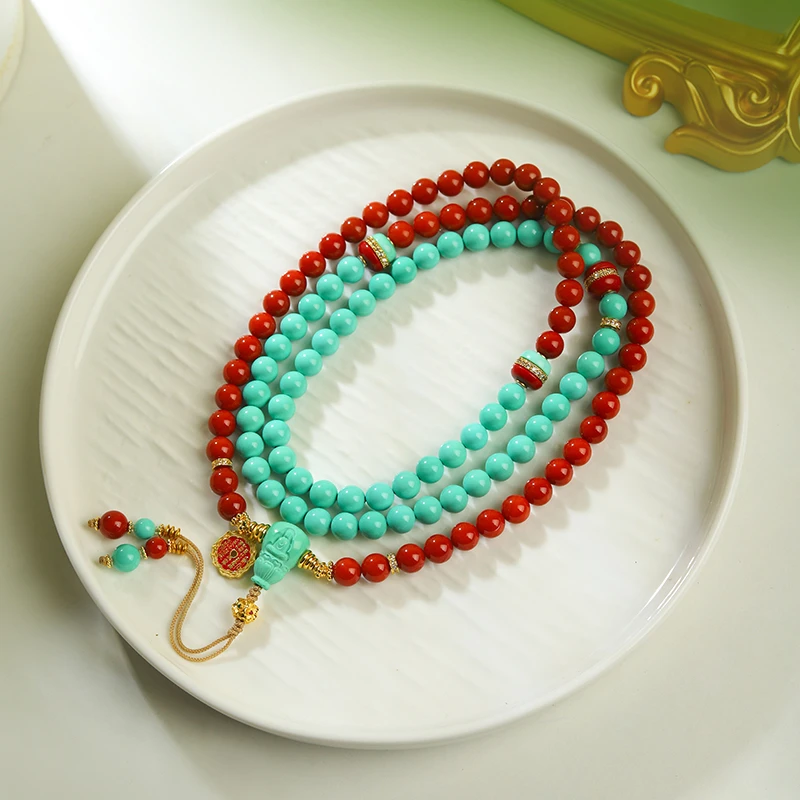 【平分秋色】F132•精品瓷高绿色红色圆珠项链原创设计款男女款多圈