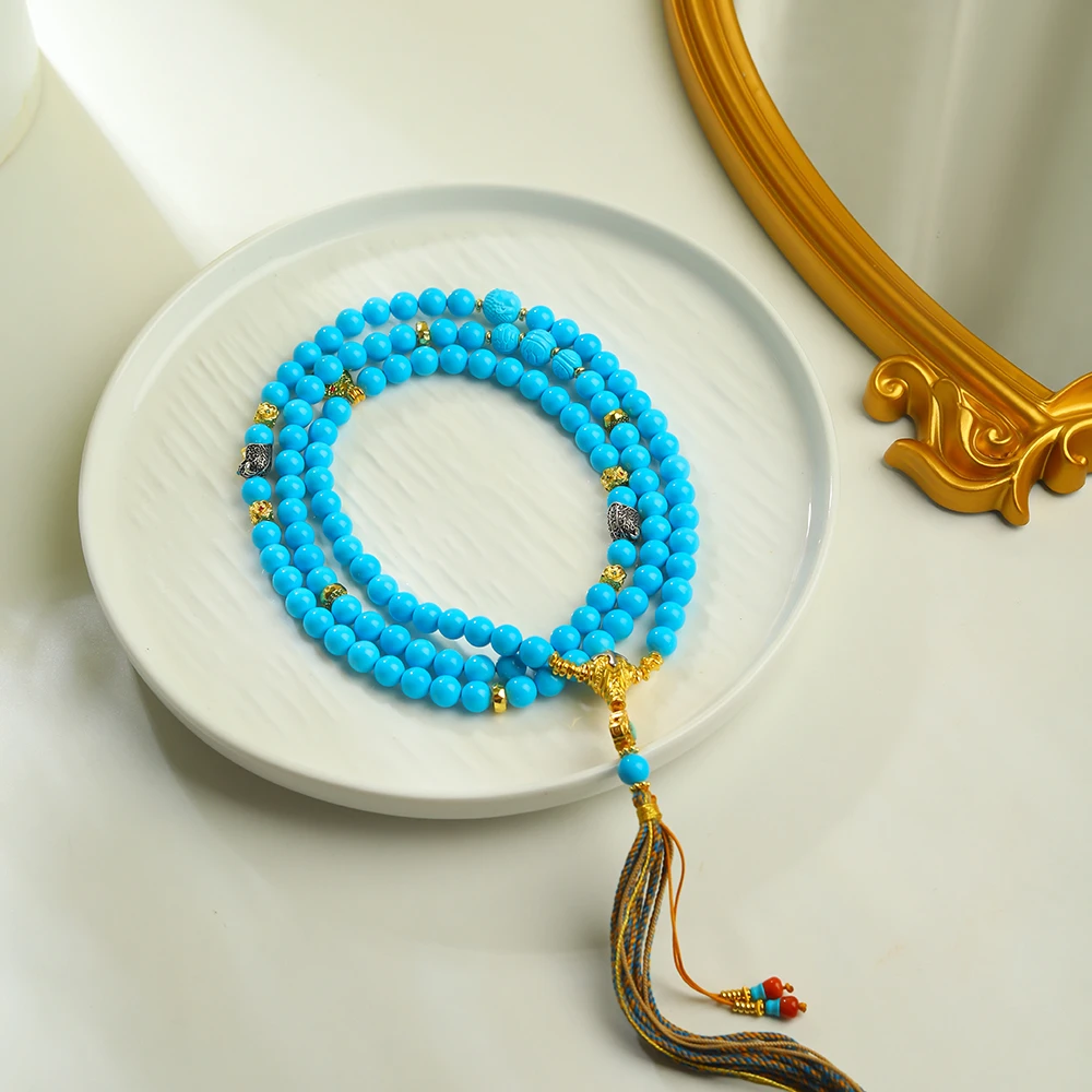 【火树银花】F135•精品瓷高蓝色圆珠项链富甲珠骷髅配珠男女款多圈