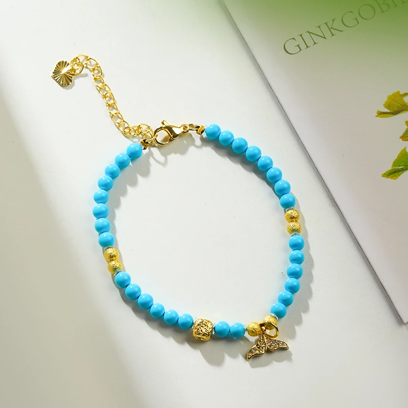 【磷光闪闪】N130•精美瓷高蓝色圆珠手链鱼尾原创女款时尚手串饰品