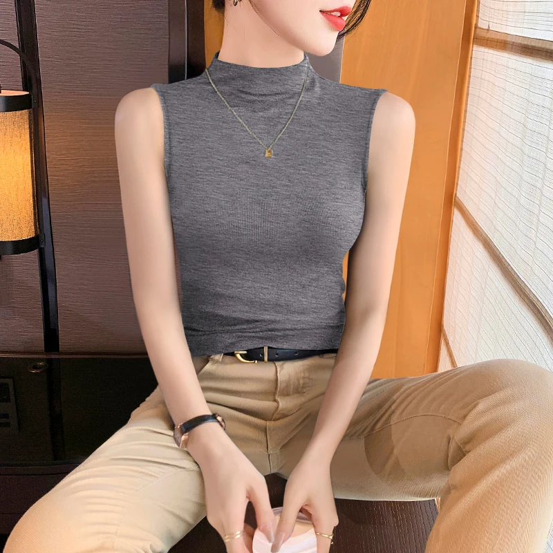 螺纹无袖修身女士新款春夏季外穿洋气百搭半高领打底衫女内搭上衣