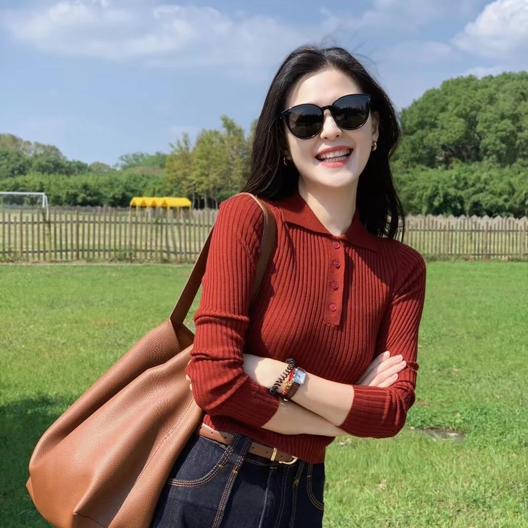 高级感过年红色外穿polo领毛衣洋气针织衫女秋冬季内搭打底衫上衣