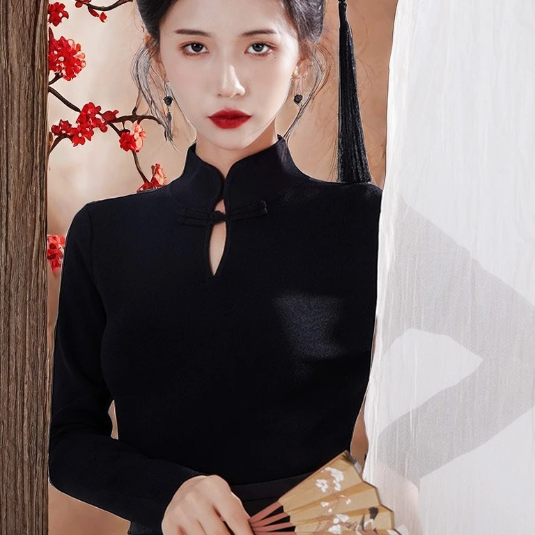 秋冬女装盘扣外出洋气针织衫半高领中国风毛衣冬季内搭打底衫上衣