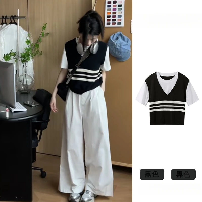 撞色条纹假两件冰丝薄款短袖针织T恤女夏季时髦洋气独特短款上衣