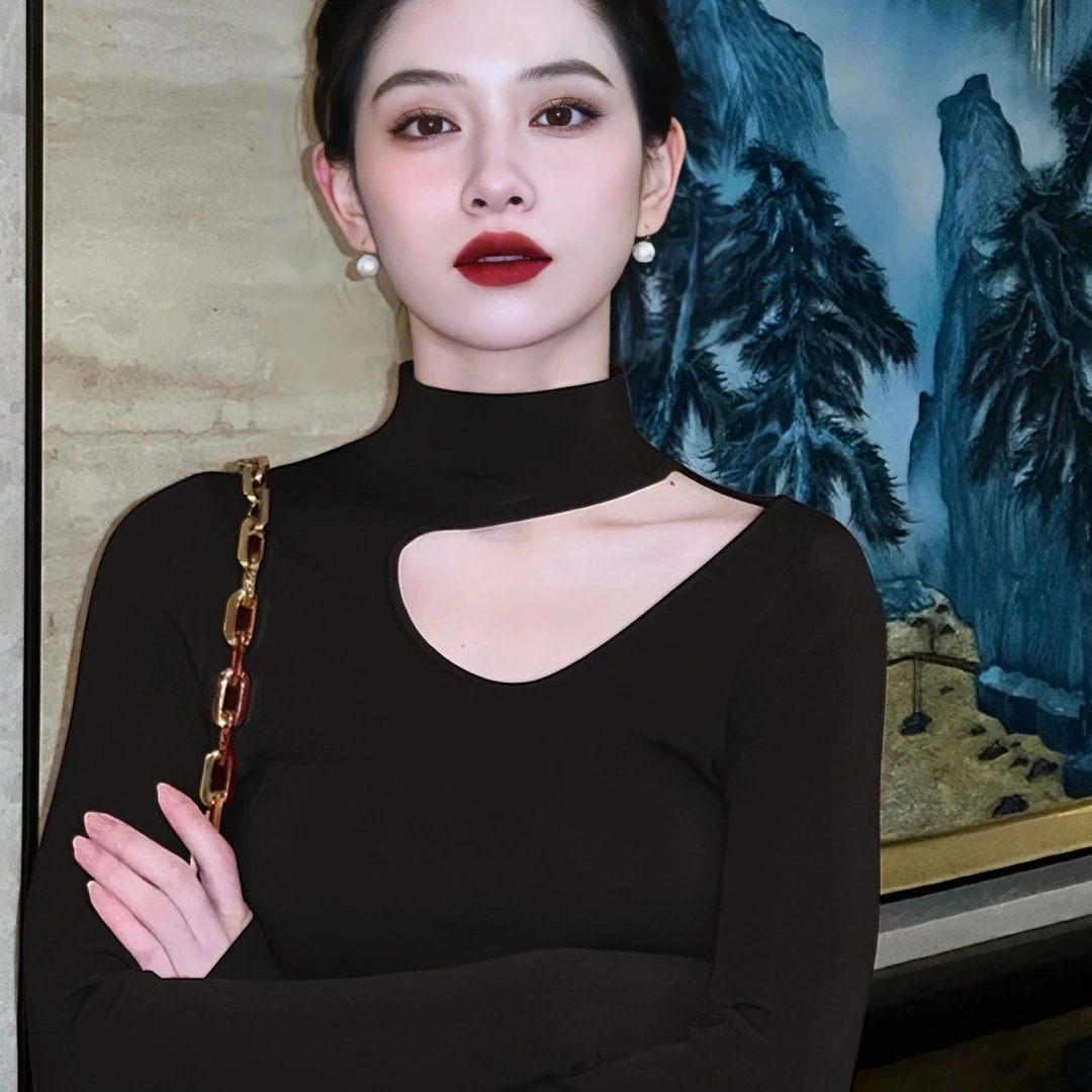 黑色镂空半高领挂脖毛衣内搭打底衫女秋冬纯欲修身针织衫锁骨上衣