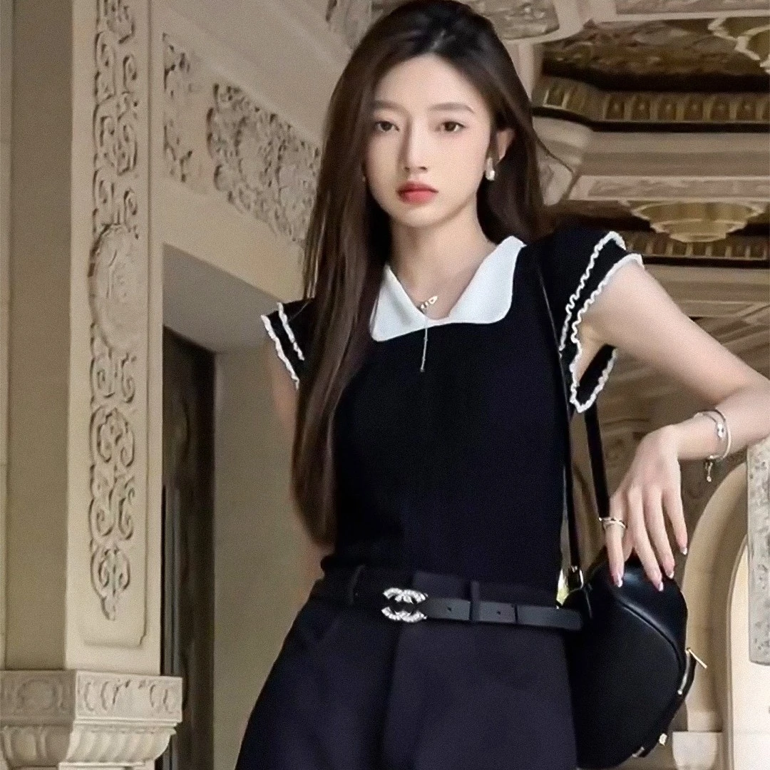 夏季高档洋气小香风修身短袖t恤娃娃领针织衫女薄款复古短款上衣