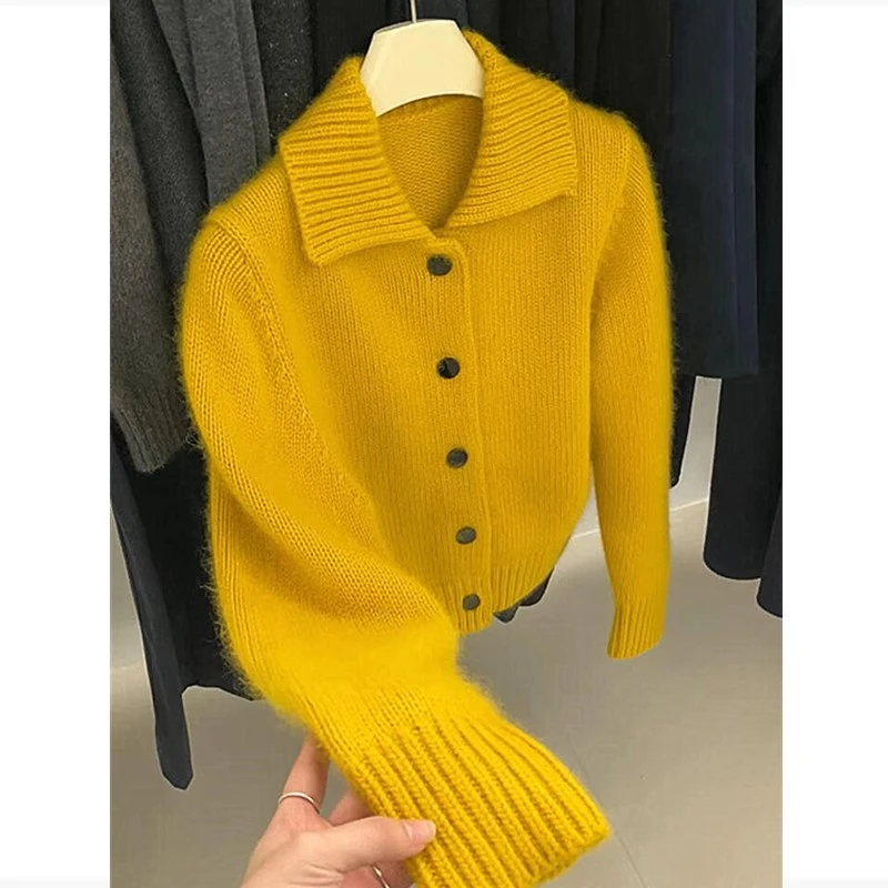 黄色翻领宽松慵懒风软糯开衫毛衣外套2024秋冬爆款时髦洋气毛衣女