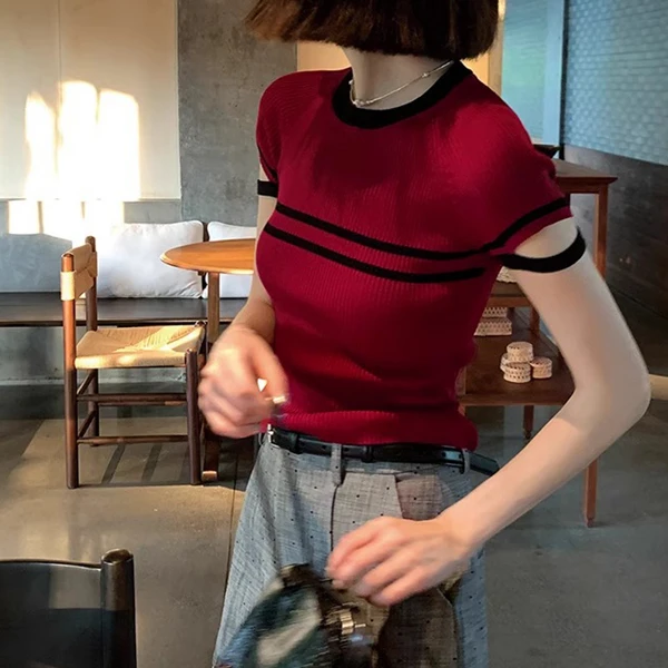2025夏季潮款女装独特别致高级感撞色针织衫短袖T恤时髦洋气上衣
