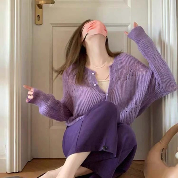 开春洋气女装时髦紫色镂空长袖针织衫开衫毛衣外套气质网红小上衣