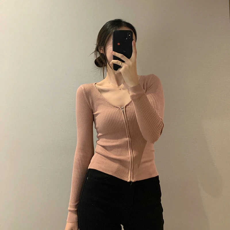 秋装女士网红长袖v领拉链毛衣长袖内搭针织衫小众洋气上衣打底衫