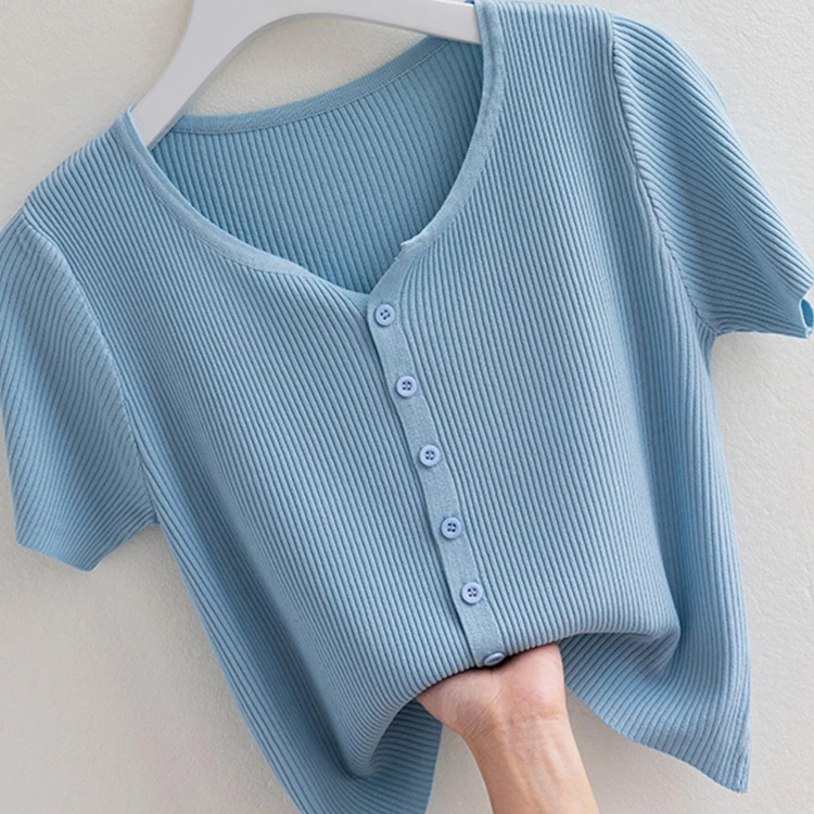 高级感气质冰丝短袖t恤女夏季薄款小开衫独特漂亮小衫针织v领上衣