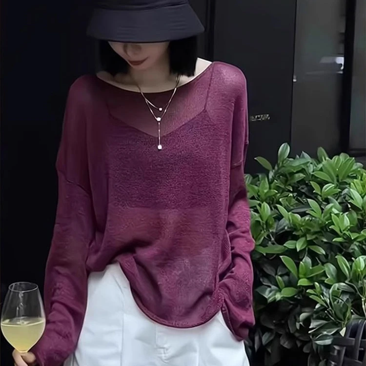 夏季防晒冰丝时髦洋气长袖针织衫女薄款宽松慵懒显瘦罩衫紫色上衣