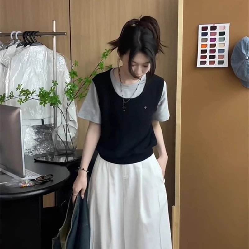 撞色假两件冰丝薄款短袖针织T恤夏季女装时髦洋气显瘦设计感上衣