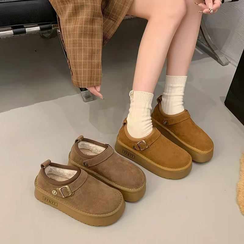 牛皮勃肯鞋女冬季加绒保暖厚底乐福鞋一脚蹬毛毛鞋棉鞋板鞋1919