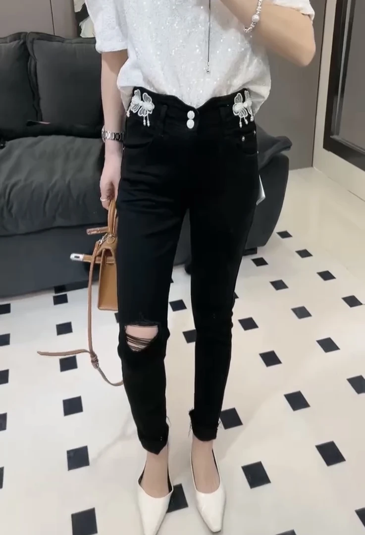 有货GVCI#7095夏季福利高弹破洞小脚牛仔裤