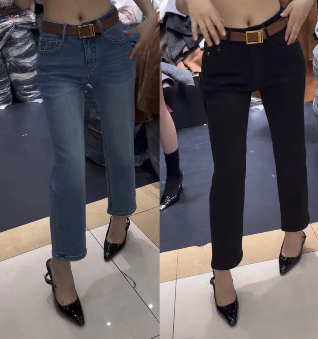 有货GVCI#98113冬季福利高弹植绒九分烟管牛仔裤，裤长：88cm