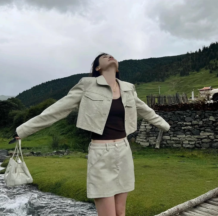 有货ZA#10503秋季皮套装半身短裤裙+外套，衣长：40cm，裙长：37cm