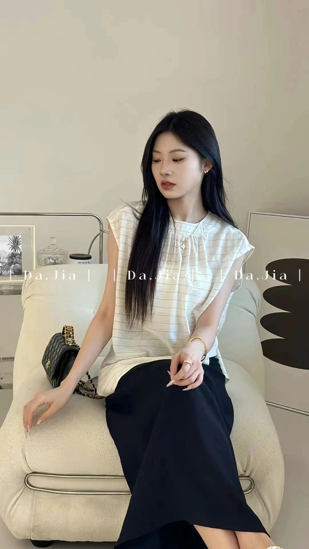 有货DJ#24238夏季福利背后拉链高品质条纹上衣